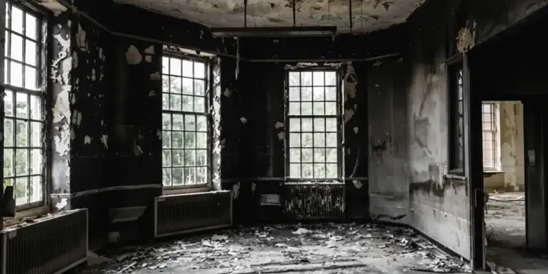fire damage repair addressing severe interior damage and smoke residue inside a burned home in Mesa, AZ